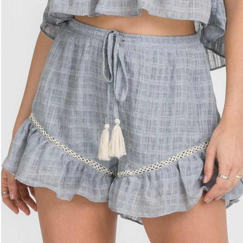 lush boho grey ruffle tassle shorts